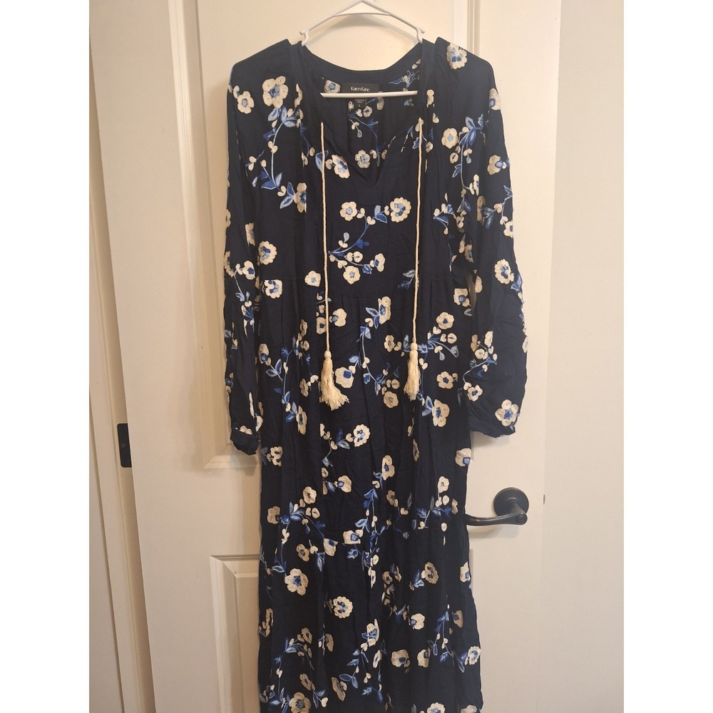 Karen Kane Blue Midi Dress With Embroidered Flowers Size Large